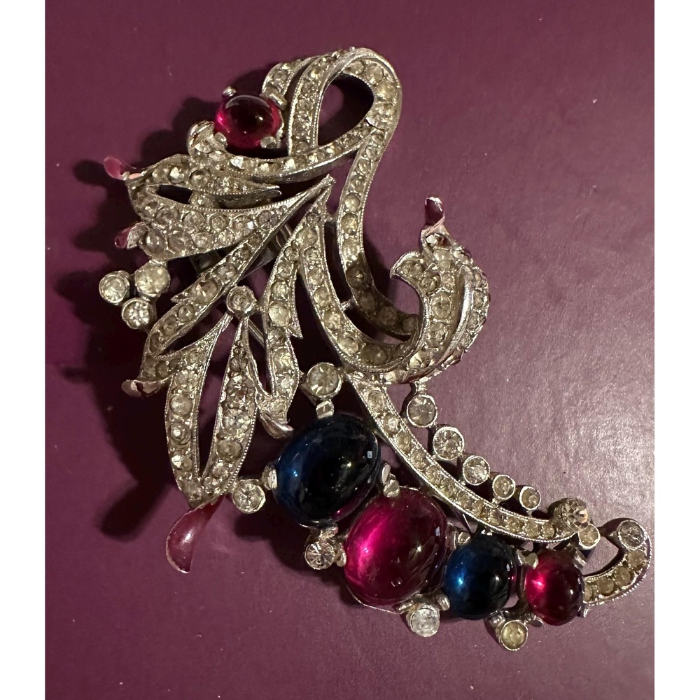 Trifari Fur Clip Silver Tone w/ Rhinestones, Red & Blue Cabochons